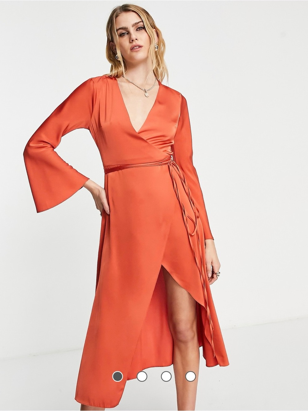 ASOS Burnt Orange Satin Wrap Maxi Dress with Long Sleeves